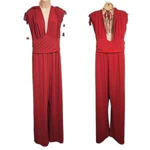 SBetro Red Shirred Ruched V Neck Wide Leg Jumpsuit 4XL